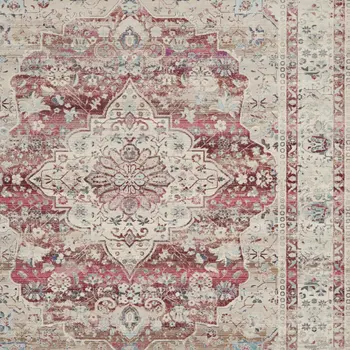 8' X 10' Ivory Red And Brown Floral Distressed Non Skid Area Rug