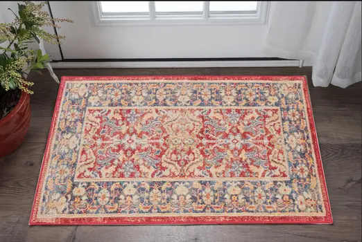2' X 4' Blue and Red Floral Distressed Non Skid Area Rug