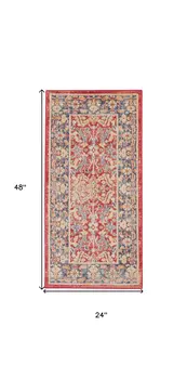 2' X 4' Blue and Red Floral Distressed Non Skid Area Rug
