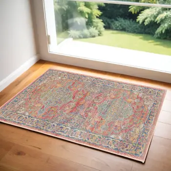 2' X 4' Blue and Red Floral Distressed Non Skid Area Rug