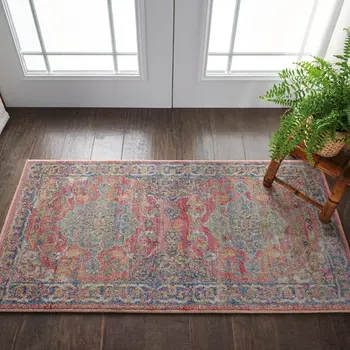 2' X 4' Blue and Red Floral Distressed Non Skid Area Rug