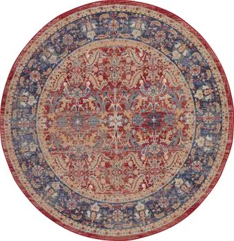 4' Blue and Red Floral Distressed Non Skid Round Rug