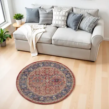 4' Blue and Red Floral Distressed Non Skid Round Rug