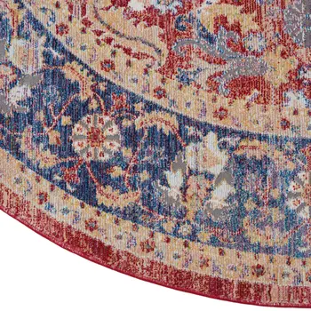 4' Blue and Red Floral Distressed Non Skid Round Rug