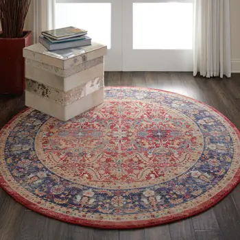 4' Blue and Red Floral Distressed Non Skid Round Rug