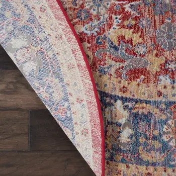 4' Blue and Red Floral Distressed Non Skid Round Rug