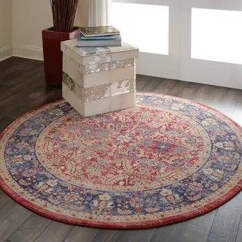 4' Blue and Red Floral Distressed Non Skid Round Rug