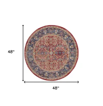 4' Blue and Red Floral Distressed Non Skid Round Rug