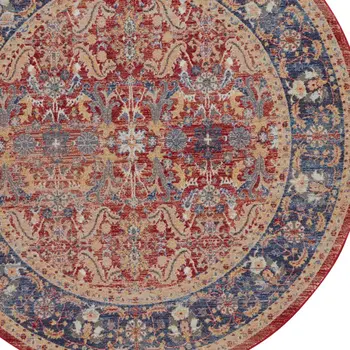 4' Blue and Red Floral Distressed Non Skid Round Rug