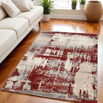 5' X 7' Ivory Red and Gray Abstract Non Skid Area Rug