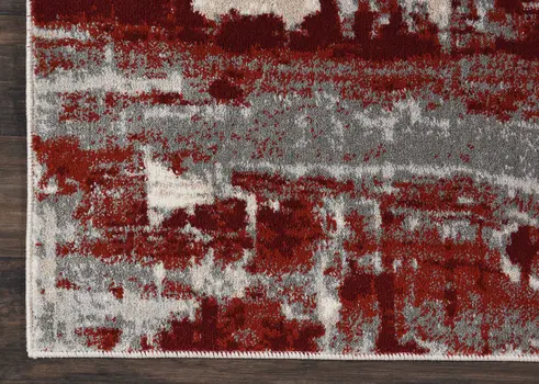 8' Ivory Red and Gray Abstract Non Skid Runner Rug