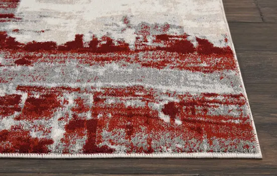 8' Ivory Red and Gray Abstract Non Skid Runner Rug
