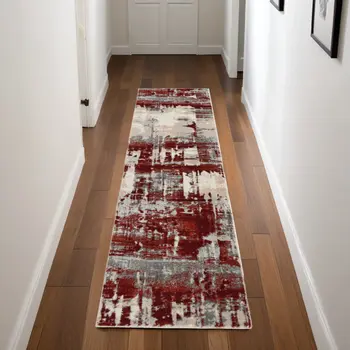 8' Ivory Red and Gray Abstract Non Skid Runner Rug