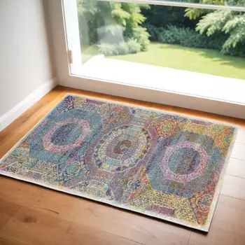 2' X 4' Blue Red and Orange Geometric Distressed Non Skid Area Rug