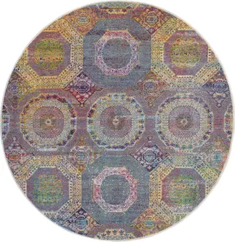 4' Ivory Blue and Orange Geometric Distressed Non Skid Round Rug