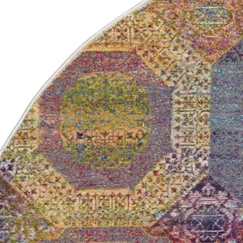4' Ivory Blue and Orange Geometric Distressed Non Skid Round Rug