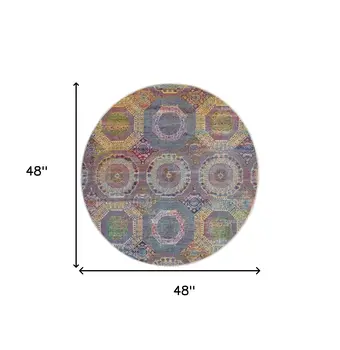 4' Ivory Blue and Orange Geometric Distressed Non Skid Round Rug