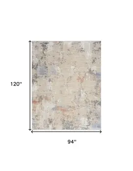 8' X 10' Beige Teal Blue and Gray Abstract Area Rug With Fringe