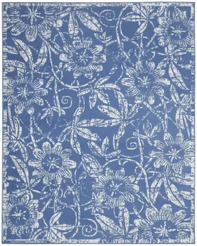 7' X 10' Ivory and Blue Floral Distressed Non Skid Area Rug