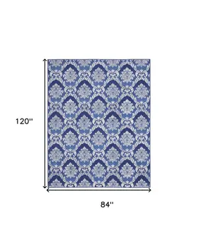 7' X 10' Ivory and Blue Damask Distressed Non Skid Area Rug