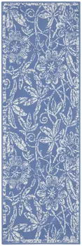 8' Ivory and Blue Floral Distressed Non Skid Runner Rug