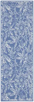 8' Ivory and Blue Floral Distressed Non Skid Runner Rug