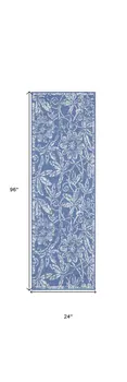 8' Ivory and Blue Floral Distressed Non Skid Runner Rug