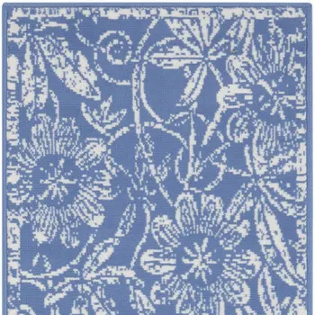8' Ivory and Blue Floral Distressed Non Skid Runner Rug