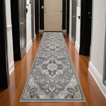 12' Gray and Ivory Floral Non Skid Runner Rug