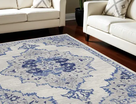 7' X 10' Ivory and Blue Floral Medallion Distressed Non Skid Area Rug