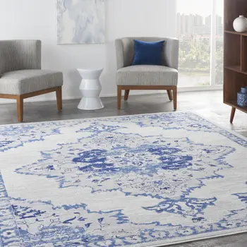 7' X 10' Ivory and Blue Floral Medallion Distressed Non Skid Area Rug