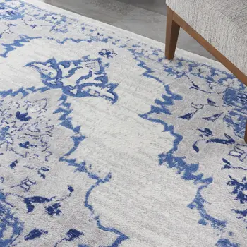 7' X 10' Ivory and Blue Floral Medallion Distressed Non Skid Area Rug