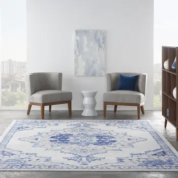 7' X 10' Ivory and Blue Floral Medallion Distressed Non Skid Area Rug
