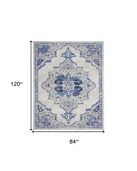 7' X 10' Ivory and Blue Floral Medallion Distressed Non Skid Area Rug