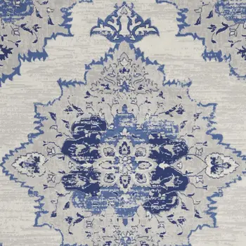 7' X 10' Ivory and Blue Floral Medallion Distressed Non Skid Area Rug