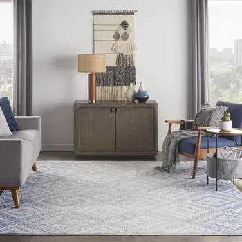 7' X 10' Ivory and Blue Geometric Distressed Non Skid Area Rug
