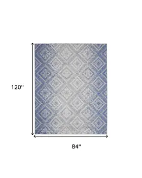 7' X 10' Ivory and Blue Geometric Distressed Non Skid Area Rug