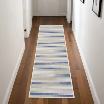 8' Ivory Tan and Blue Abstract Distressed Non Skid Runner Rug