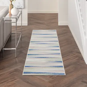 8' Ivory Tan and Blue Abstract Distressed Non Skid Runner Rug