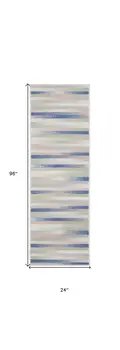 8' Ivory Tan and Blue Abstract Distressed Non Skid Runner Rug