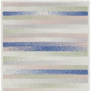 8' Ivory Tan and Blue Abstract Distressed Non Skid Runner Rug