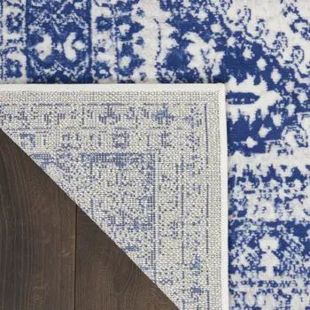 8' Ivory and Navy Blue Geometric Distressed Non Skid Runner Rug