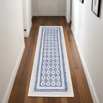 8' Ivory and Blue Geometric Distressed Non Skid Runner Rug