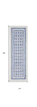 8' Ivory and Blue Geometric Distressed Non Skid Runner Rug