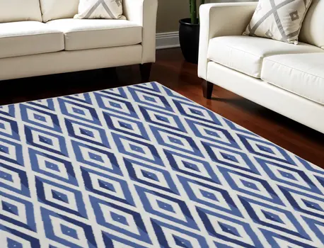 7' X 10' Ivory and Blue Geometric Distressed Non Skid Area Rug