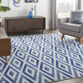 7' X 10' Ivory and Blue Geometric Distressed Non Skid Area Rug
