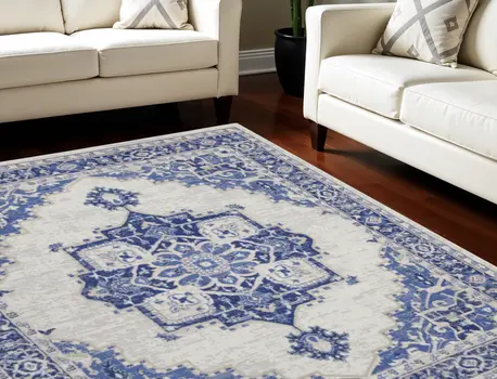7' X 10' Ivory and Blue Floral Medallion Distressed Non Skid Area Rug