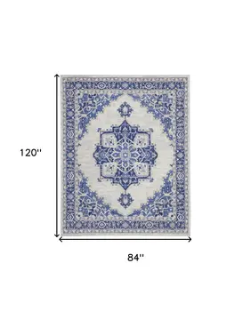 7' X 10' Ivory and Blue Floral Medallion Distressed Non Skid Area Rug