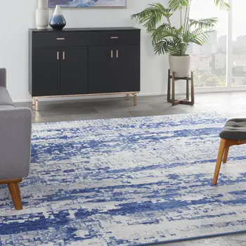 7' X 10' Ivory and Navy Blue Abstract Distressed Non Skid Area Rug