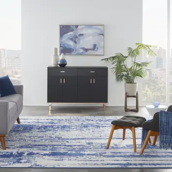 7' X 10' Ivory and Navy Blue Abstract Distressed Non Skid Area Rug